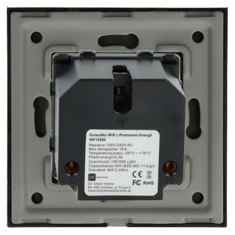 Gniazdo elektryczne z bolcem 230V pojedyncze Wi-Fi z pomiarem energii Czarne z ramką szklaną